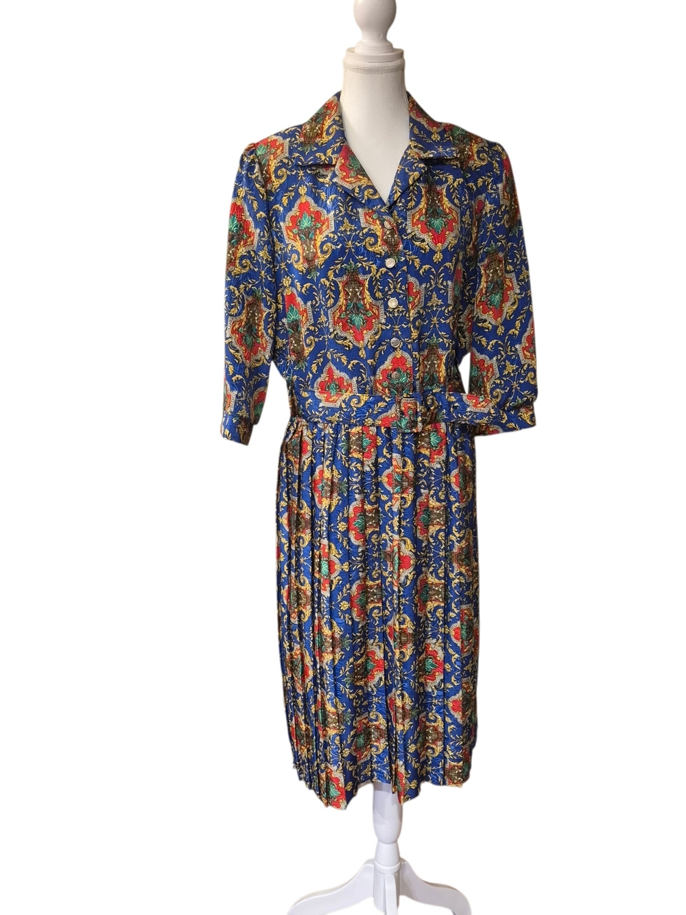 VTG Blue Paisley Print Midi Dress with Waist Tie